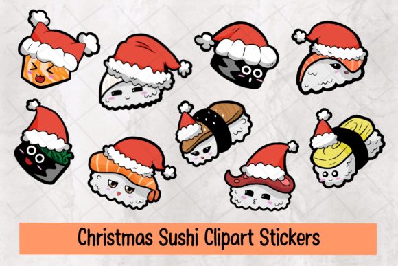 Christmas Sushi Clipart Stickers Illustrations