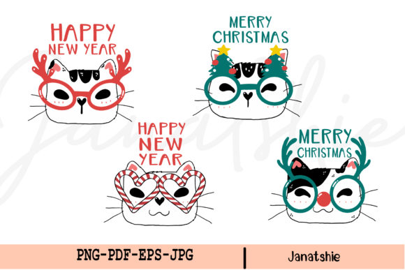 Cute Cat Face Christmas Clipart Set
