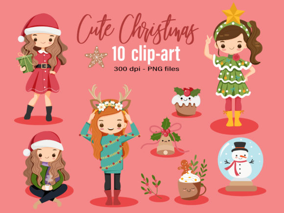 Cute Christmas Girl and Elements Illustrations