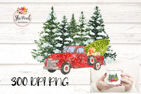 Vintage Christmas Truck Tree Clipart Illustrations