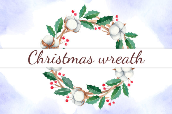 Watercolor Christmas Wreath with Cotton
